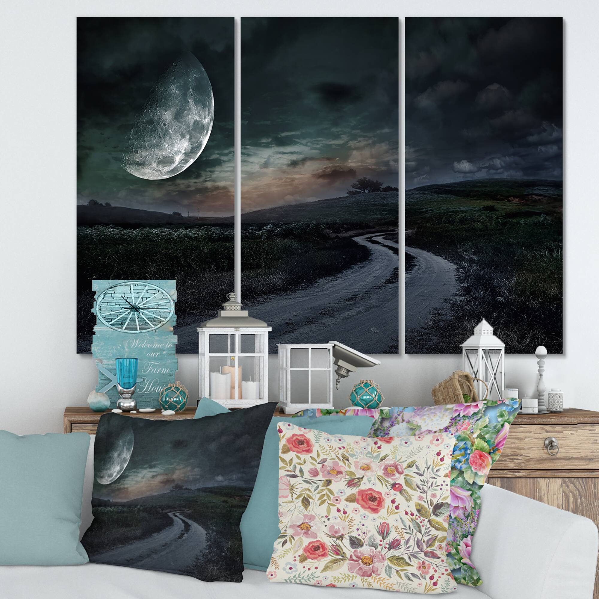Designart - Rural Road Through The Meadow Under Full Moon